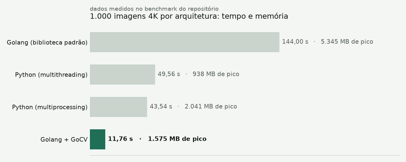 Tempo e memória de cada arquitetura, medidos no repositório.